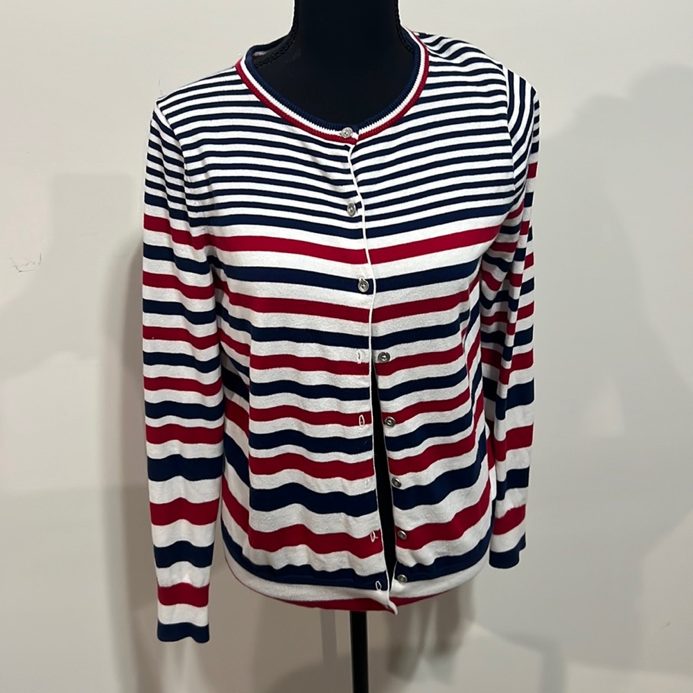 Lands End sweater red/white/and blue stripes size S open front 9 bottoms